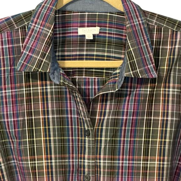 Talbots Woman 1X Plaid Shirt Roll Tab Sleeves Denim Trim Multicolor Cotton Plus - Picture 4 of 7
